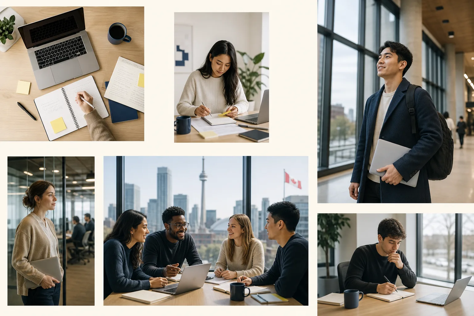 Young professionals sharing ideas beside a window overlooking a Canadian city